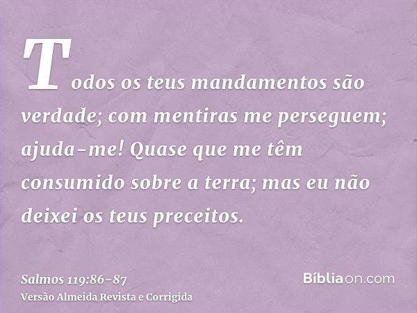 Todos os teus mandamentos são verdade; com mentiras me perseguem; ajuda-me!Quase que me têm consumido sobre a terra; mas eu não deixei os teus preceitos.