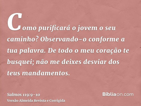 Como purificará o jovem o seu caminho? Observando-o conforme a tua palavra.De todo o meu coração te busquei; não me deixes desviar dos teus mandamentos.