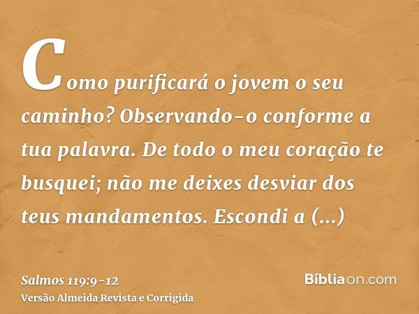 Como purificará o jovem o seu caminho? Observando-o conforme a tua palavra.De todo o meu coração te busquei; não me deixes desviar dos teus mandamentos.Escondi 