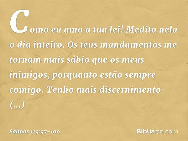 Como eu amo a tua lei!
Medito nela o dia inteiro. Os teus mandamentos me tornam
mais sábio que os meus inimigos,
porquanto estão sempre comigo. Tenho mais disce