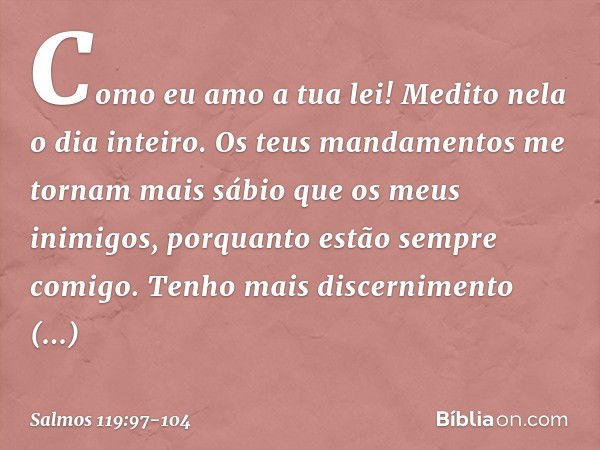 Como eu amo a tua lei!
Medito nela o dia inteiro. Os teus mandamentos me tornam
mais sábio que os meus inimigos,
porquanto estão sempre comigo. Tenho mais disce