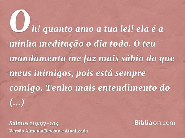 Oh! quanto amo a tua lei! ela é a minha meditação o dia todo.O teu mandamento me faz mais sábio do que meus inimigos, pois está sempre comigo.Tenho mais entendi