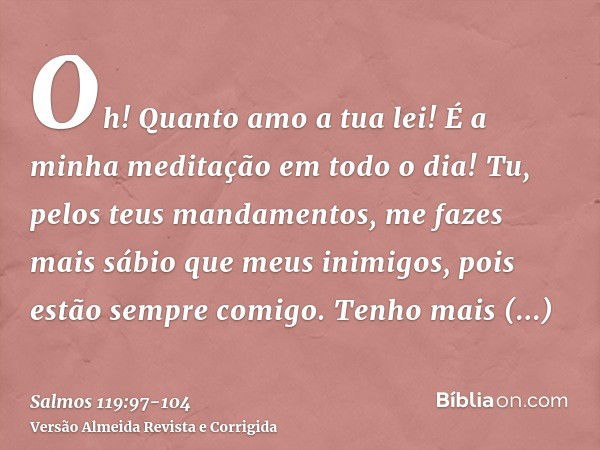 Oh! Quanto amo a tua lei! É a minha meditação em todo o dia!Tu, pelos teus mandamentos, me fazes mais sábio que meus inimigos, pois estão sempre comigo.Tenho ma