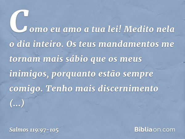 Como eu amo a tua lei!
Medito nela o dia inteiro. Os teus mandamentos me tornam
mais sábio que os meus inimigos,
porquanto estão sempre comigo. Tenho mais disce