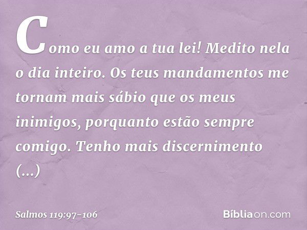 Como eu amo a tua lei!
Medito nela o dia inteiro. Os teus mandamentos me tornam
mais sábio que os meus inimigos,
porquanto estão sempre comigo. Tenho mais disce