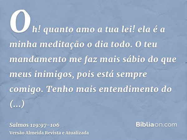 Oh! quanto amo a tua lei! ela é a minha meditação o dia todo.O teu mandamento me faz mais sábio do que meus inimigos, pois está sempre comigo.Tenho mais entendi