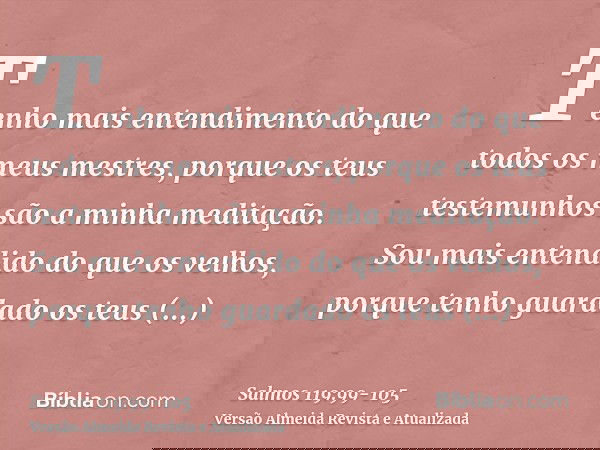 Tenho mais entendimento do que todos os meus mestres, porque os teus testemunhos são a minha meditação.Sou mais entendido do que os velhos, porque tenho guardad