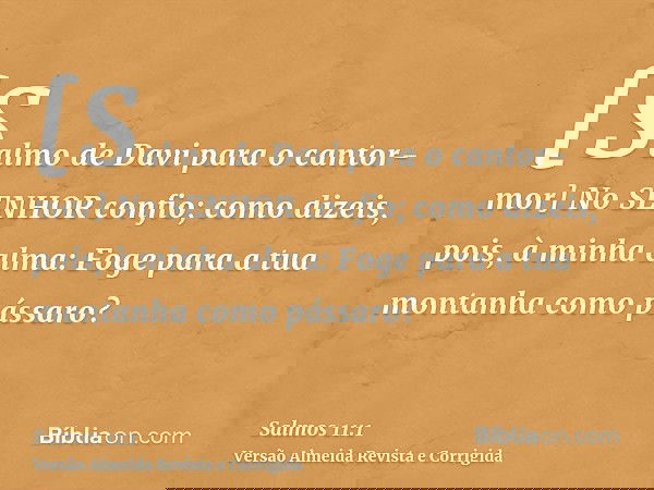 [Salmo de Davi para o cantor-mor] No SENHOR confio; como dizeis, pois, à minha alma: Foge para a tua montanha como pássaro?