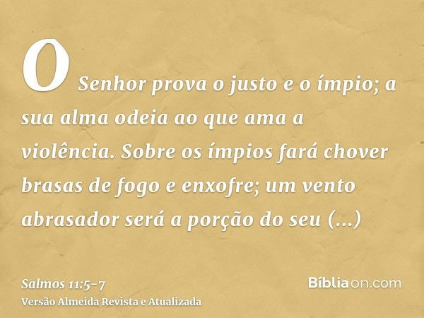 O Senhor prova o justo e o ímpio; a sua alma odeia ao que ama a violência.Sobre os ímpios fará chover brasas de fogo e enxofre; um vento abrasador será a porção