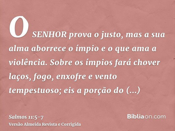 O SENHOR prova o justo, mas a sua alma aborrece o ímpio e o que ama a violência.Sobre os ímpios fará chover laços, fogo, enxofre e vento tempestuoso; eis a porç