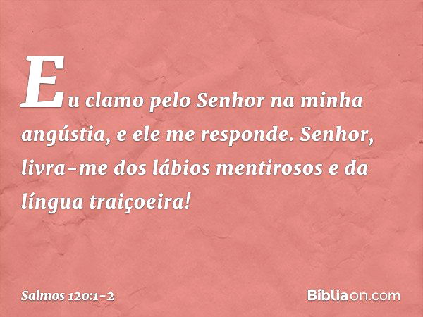 Eu clamo pelo Senhor na minha angústia,
e ele me responde. Senhor, livra-me dos lábios mentirosos
e da língua traiçoeira! -- Salmo 120:1-2