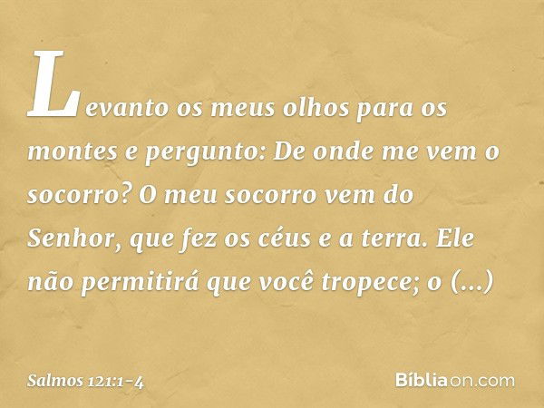 Levanto os meus olhos para os montes
e pergunto:
De onde me vem o socorro? O meu socorro vem do Senhor,
que fez os céus e a terra. Ele não permitirá que você tr