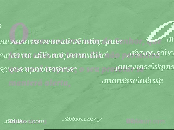 O meu socorro vem do Senhor,
que fez os céus e a terra. Ele não permitirá que você tropece;
o seu protetor se manterá alerta, -- Salmo 121:2-3