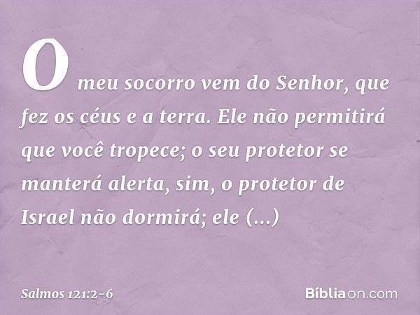 O meu socorro vem do Senhor,
que fez os céus e a terra. Ele não permitirá que você tropece;
o seu protetor se manterá alerta, sim, o protetor de Israel não dorm