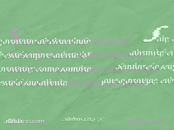 sim, o protetor de Israel não dormirá;
ele está sempre alerta! O Senhor é o seu protetor;
como sombra que o protege,
ele está à sua direita. -- Salmo 121:4-5