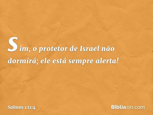 sim, o protetor de Israel não dormirá;
ele está sempre alerta! -- Salmo 121:4
