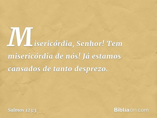 Misericórdia, Senhor!
Tem misericórdia de nós!
Já estamos cansados de tanto desprezo. -- Salmo 123:3