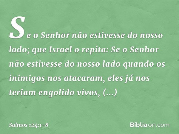 Se o Senhor não estivesse do nosso lado;
que Israel o repita: Se o Senhor não estivesse do nosso lado
quando os inimigos nos atacaram, eles já nos teriam engoli