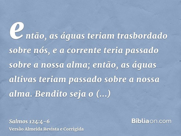 então, as águas teriam trasbordado sobre nós, e a corrente teria passado sobre a nossa alma;então, as águas altivas teriam passado sobre a nossa alma.Bendito se