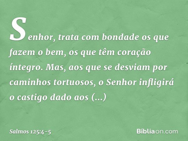 Senhor, trata com bondade
os que fazem o bem,
os que têm coração íntegro. Mas, aos que se desviam
por caminhos tortuosos,
o Senhor infligirá o castigo dado aos 