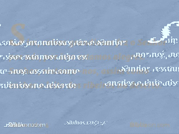 Sim, coisas grandiosas fez o Senhor por nós,
por isso estamos alegres. Senhor, restaura-nos,
assim como enches
o leito dos ribeiros no deserto. -- Salmo 126:3-4
