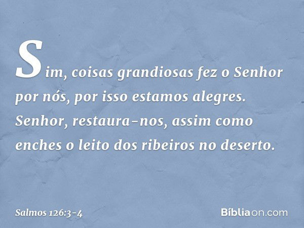 Sim, coisas grandiosas fez o Senhor por nós,
por isso estamos alegres. Senhor, restaura-nos,
assim como enches
o leito dos ribeiros no deserto. -- Salmo 126:3-4