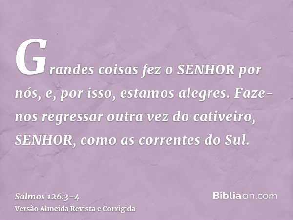 Grandes coisas fez o SENHOR por nós, e, por isso, estamos alegres.Faze-nos regressar outra vez do cativeiro, SENHOR, como as correntes do Sul.