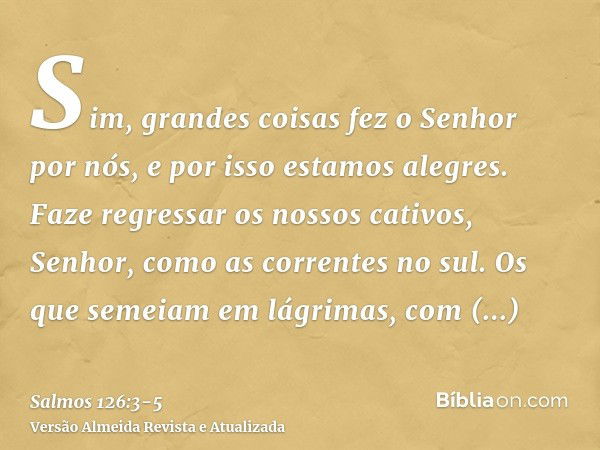 Sim, grandes coisas fez o Senhor por nós, e por isso estamos alegres.Faze regressar os nossos cativos, Senhor, como as correntes no sul.Os que semeiam em lágrim