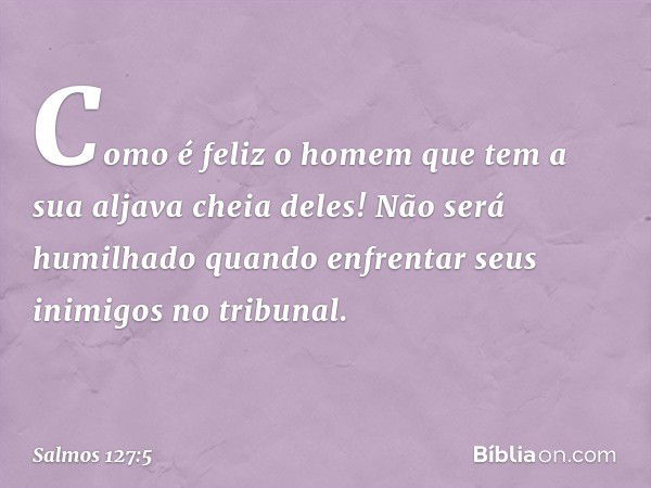 Como é feliz o homem
que tem a sua aljava cheia deles!
Não será humilhado quando enfrentar
seus inimigos no tribunal. -- Salmo 127:5