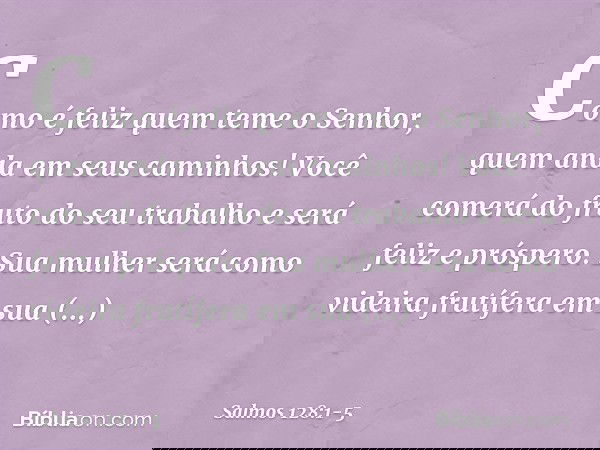 Como é feliz quem teme o Senhor,
quem anda em seus caminhos! Você comerá do fruto do seu trabalho
e será feliz e próspero. Sua mulher será como videira frutífer