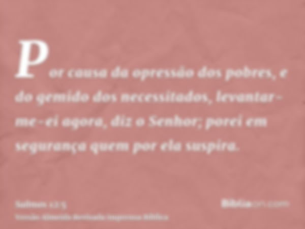 Por causa da opressão dos pobres, e do gemido dos necessitados, levantar-me-ei agora, diz o Senhor; porei em segurança quem por ela suspira.