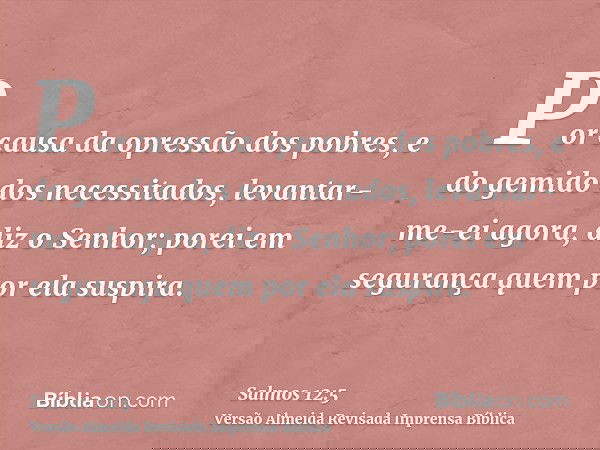 Por causa da opressão dos pobres, e do gemido dos necessitados, levantar-me-ei agora, diz o Senhor; porei em segurança quem por ela suspira.