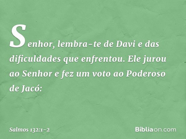 Senhor, lembra-te de Davi
e das dificuldades que enfrentou. Ele jurou ao Senhor
e fez um voto ao Poderoso de Jacó: -- Salmo 132:1-2