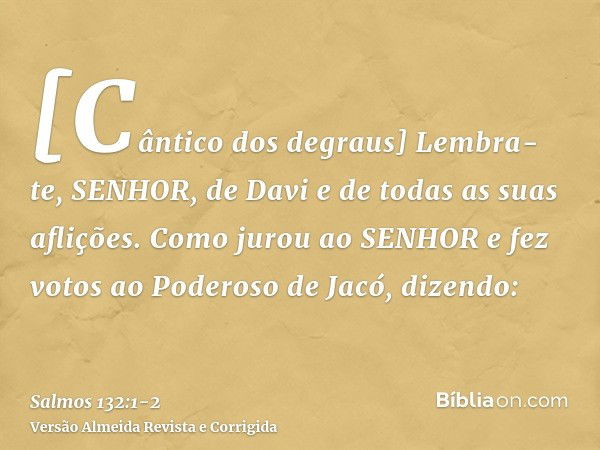 [Cântico dos degraus] Lembra-te, SENHOR, de Davi e de todas as suas aflições.Como jurou ao SENHOR e fez votos ao Poderoso de Jacó, dizendo: