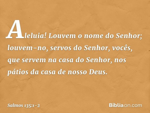 Aleluia!
Louvem o nome do Senhor;
louvem-no, servos do Senhor, vocês, que servem na casa do Senhor,
nos pátios da casa de nosso Deus. -- Salmo 135:1-2