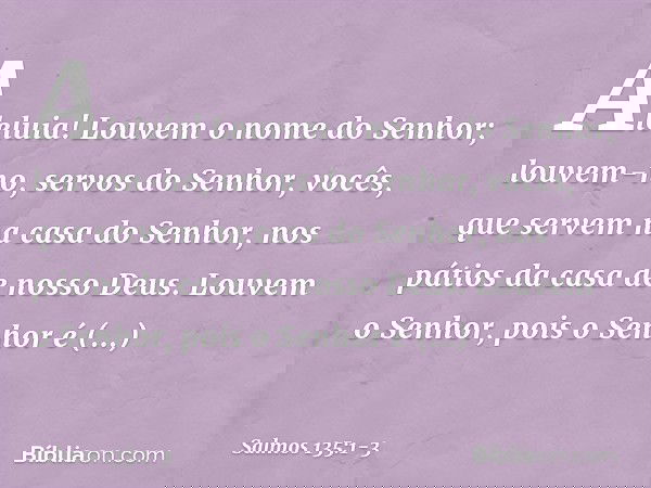 Aleluia!
Louvem o nome do Senhor;
louvem-no, servos do Senhor, vocês, que servem na casa do Senhor,
nos pátios da casa de nosso Deus. Louvem o Senhor, pois o Se