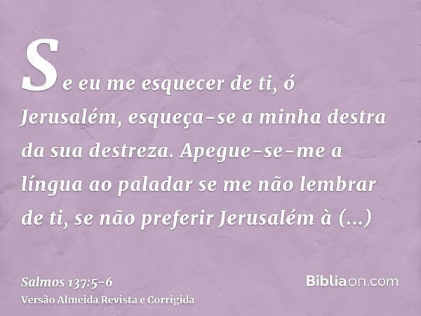 Se eu me esquecer de ti, ó Jerusalém, esqueça-se a minha destra da sua destreza.Apegue-se-me a língua ao paladar se me não lembrar de ti, se não preferir Jerusa