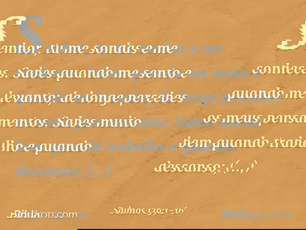 Senhor, tu me sondas e me conheces. Sabes quando me sento e quando me levanto;
de longe percebes os meus pensamentos. Sabes muito bem quando trabalho
e quando d