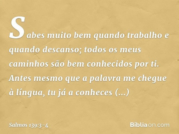 Sabes muito bem quando trabalho
e quando descanso;
todos os meus caminhos
são bem conhecidos por ti. Antes mesmo que a palavra
me chegue à língua,
tu já a conhe