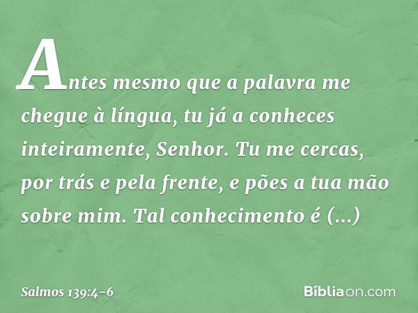 Antes mesmo que a palavra
me chegue à língua,
tu já a conheces inteiramente, Senhor. Tu me cercas, por trás e pela frente,
e pões a tua mão sobre mim. Tal conhe