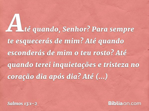 Até quando, Senhor?
Para sempre te esquecerás de mim?
Até quando esconderás de mim o teu rosto? Até quando terei inquietações
e tristeza no coração dia após dia