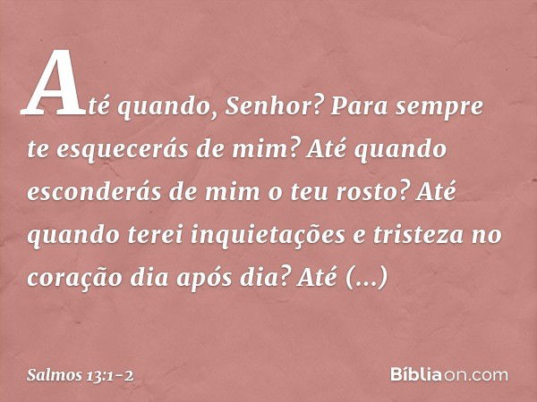 Até quando, Senhor?
Para sempre te esquecerás de mim?
Até quando esconderás de mim o teu rosto? Até quando terei inquietações
e tristeza no coração dia após dia