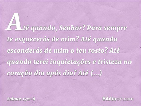 Até quando, Senhor?
Para sempre te esquecerás de mim?
Até quando esconderás de mim o teu rosto? Até quando terei inquietações
e tristeza no coração dia após dia