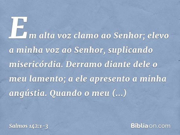 Em alta voz clamo ao Senhor;
elevo a minha voz ao Senhor,
suplicando misericórdia. Derramo diante dele o meu lamento;
a ele apresento a minha angústia. Quando o