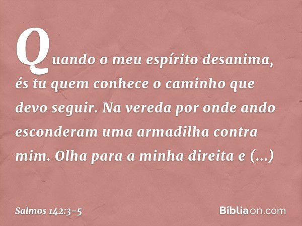 Quando o meu espírito desanima,
és tu quem conhece o caminho
que devo seguir.
Na vereda por onde ando
esconderam uma armadilha contra mim. Olha para a minha dir