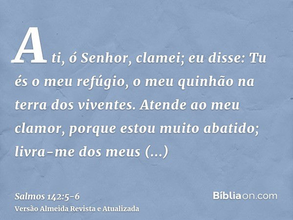 A ti, ó Senhor, clamei; eu disse: Tu és o meu refúgio, o meu quinhão na terra dos viventes.Atende ao meu clamor, porque estou muito abatido; livra-me dos meus p