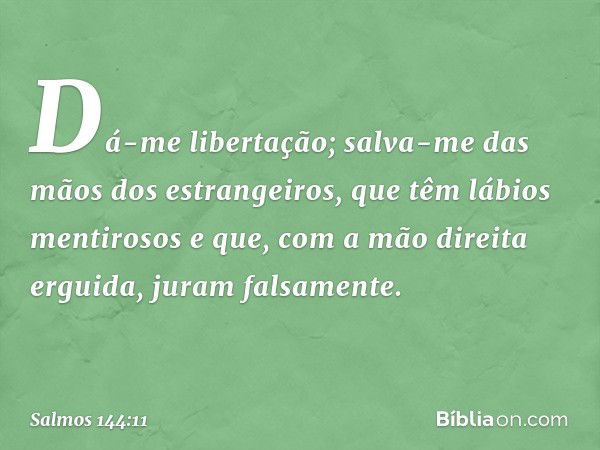 Dá-me libertação;
salva-me das mãos dos estrangeiros,
que têm lábios mentirosos
e que, com a mão direita erguida,
juram falsamente. -- Salmo 144:11