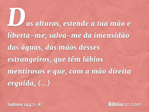 Das alturas, estende a tua mão e liberta-me;
salva-me da imensidão das águas,
das mãos desses estrangeiros, que têm lábios mentirosos
e que, com a mão direita e