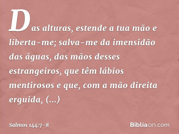 Das alturas, estende a tua mão e liberta-me;
salva-me da imensidão das águas,
das mãos desses estrangeiros, que têm lábios mentirosos
e que, com a mão direita e