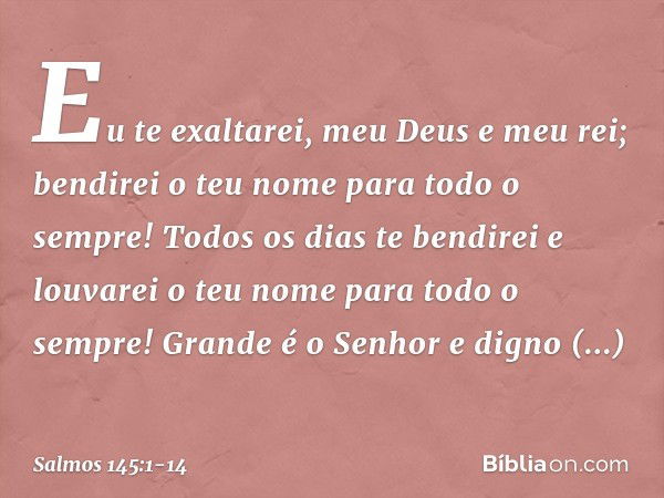 Eu te exaltarei, meu Deus e meu rei;
bendirei o teu nome para todo o sempre! Todos os dias te bendirei
e louvarei o teu nome para todo o sempre! Grande é o Senh